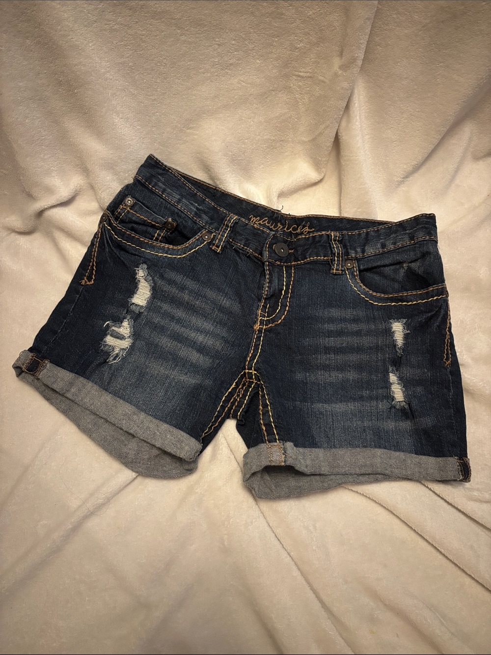 Maurices Dark Wash Distressed Rolled Hem Jean Shorts - Blue